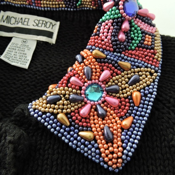Michael Seroy Sweaters - Vintage 90's rare Michael Seroy black cardigan colorful beaded art New